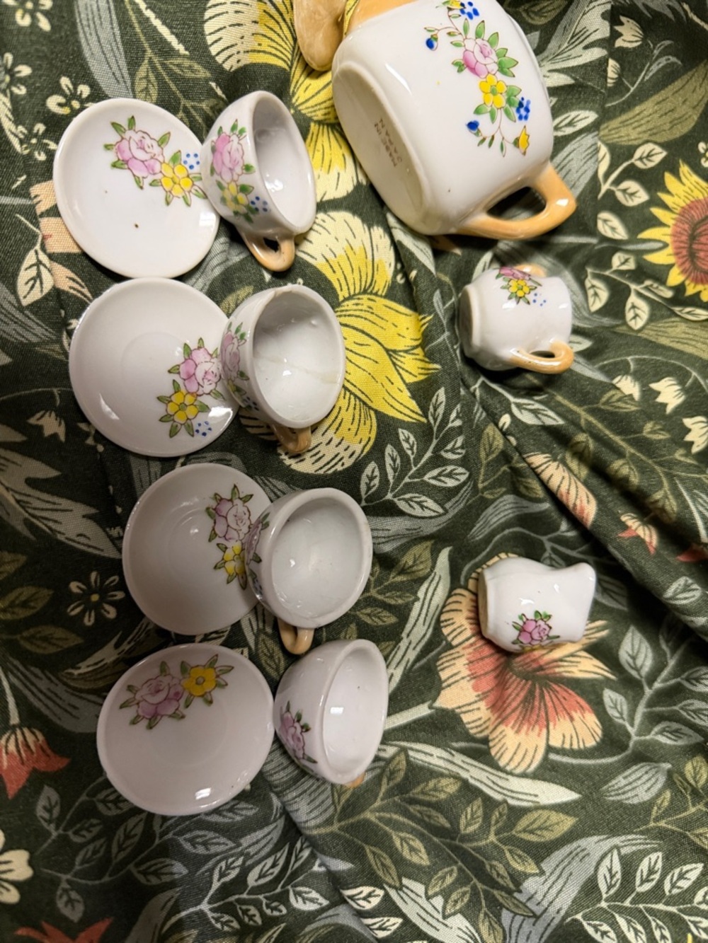 Porcelain Miniature Tea Set with Pink and Yellow Floral Design
